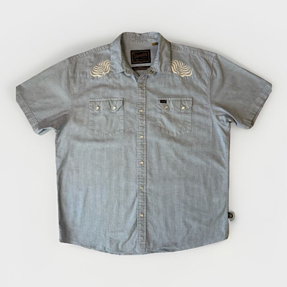 Howler Brothers Crosscut Deluxe Pearl Snap Shirt L Blue Short Sleeve Summer